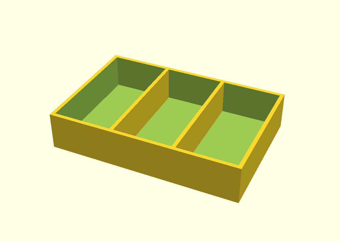 CAD rendering of a three-compartment parts tray